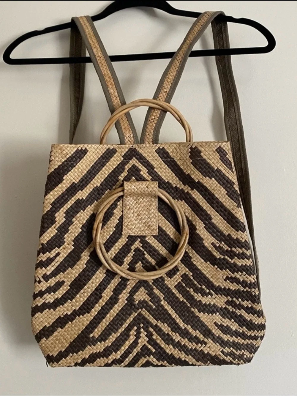 Anthropologie Zebra-Print Woven Straw Backpack in Natural and Dark Brown